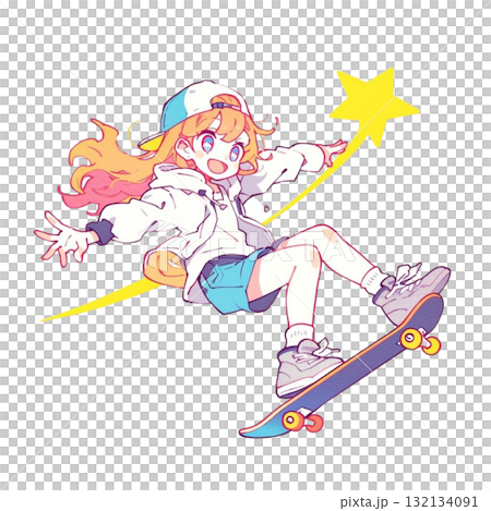 スケボーで跳ぶ金髪少女のイラスト、笑顔、背景なし、素材、ストリートスタイル 132134091