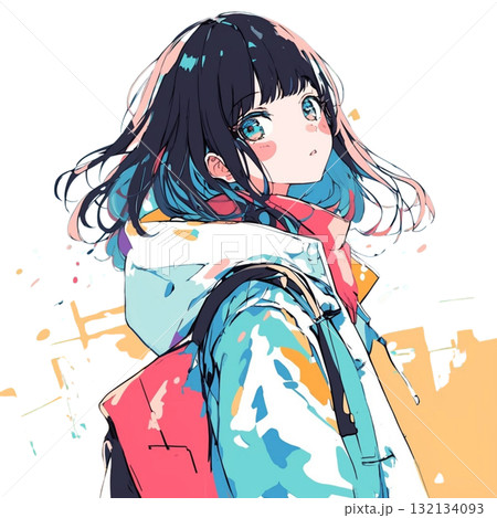 パーカー姿の黒髪少女のイラスト、カジュアル、かわいい、おしゃれ、素材、ストリートスタイル 132134093