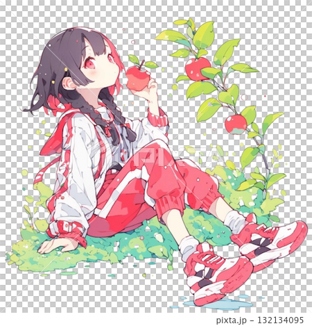 りんごを食べる赤い服の少女、イラスト、オシャレ、ストリートスタイル、背景なし、素材 132134095