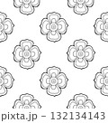 Seamless graphic pattern with repeating four-petal flowers in yellow and red tones. 132134143
