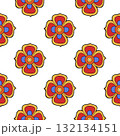Seamless graphic pattern with repeating four-petal flowers in yellow and red tones. 132134151
