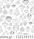 Seamless graphic pattern with whimsical stylized flowers and berries in blue, red, and yellow tones 132134153