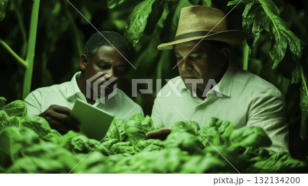 Men Inspecting Fresh Greens in Indoor Hydroponic Farm Under Bright Green Lights 132134200