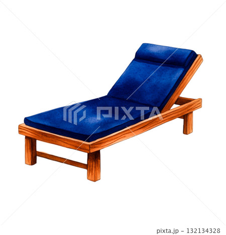 Wooden Lounger with Blue Cushion for Relaxation by Swimming Pool in Outdoor Setting 132134328
