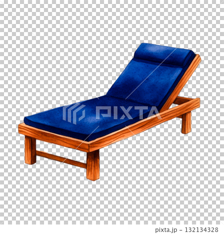 Wooden Lounger with Blue Cushion for Relaxation by Swimming Pool in Outdoor Setting 132134328