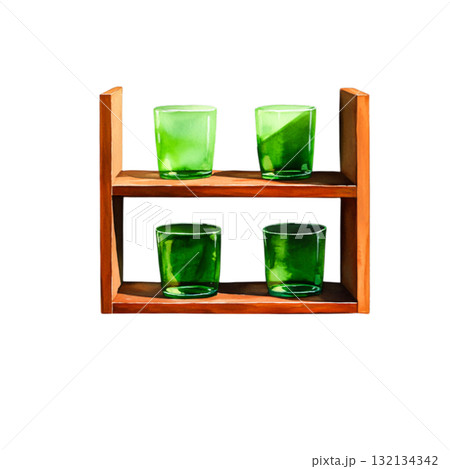 Bright Green Glasses on Wooden Shelf, Stylish Decor for Modern or Vintage Interiors 132134342