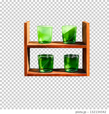 Bright Green Glasses on Wooden Shelf, Stylish Decor for Modern or Vintage Interiors Bright Green Glasses on Wooden Shelf, Stylish Decor for Modern or Vintage Interiors 132134342