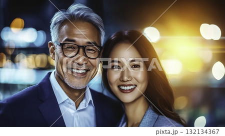 Smiling business professionals posing together in a modern urban setting at night 132134367
