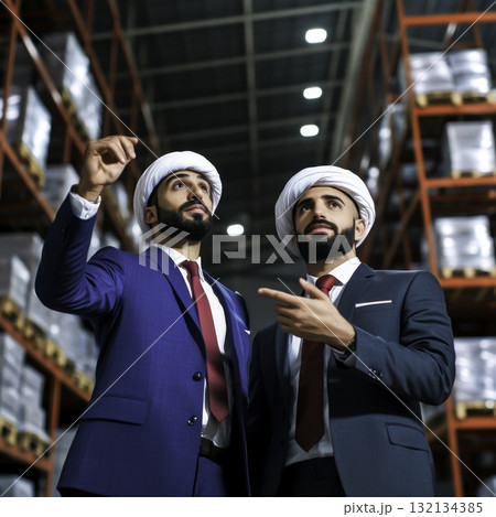 Two Men in Traditional Attire Engaged in Discussion Inside a Warehouse Environment Two Men in Traditional Attire Engaged in Discussion Inside a Warehouse Environment 132134385