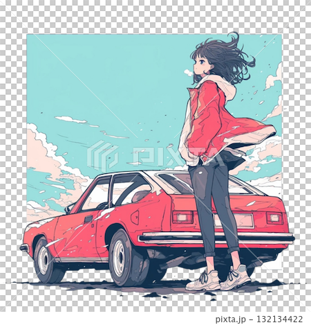 站在紅色汽車旁的女孩的插圖，時尚，清爽的風景，材料，街頭風格，時尚 132134422