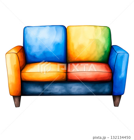 Colorful Artistic Sofa in Vibrant Tones of Blue, Orange, Yellow, and Red for Modern Decor Colorful Artistic Sofa in Vibrant Tones of Blue, Orange, Yellow, and Red for Modern Decor 132134450