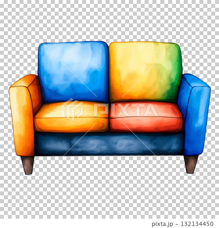 Colorful Artistic Sofa in Vibrant Tones of Blue, Orange, Yellow, and Red for Modern Decor Colorful Artistic Sofa in Vibrant Tones of Blue, Orange, Yellow, and Red for Modern Decor 132134450