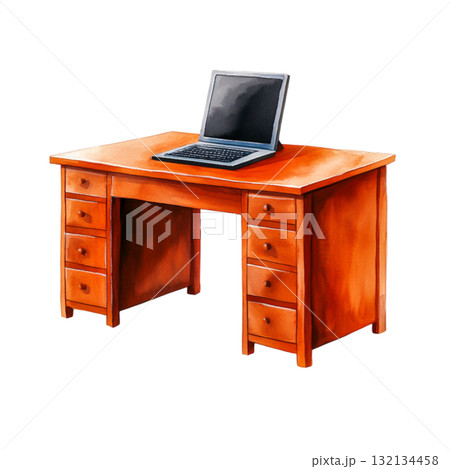 Modern Wooden Desk with Laptop on Top, Perfect for Office or Home Workspace Setup 132134458
