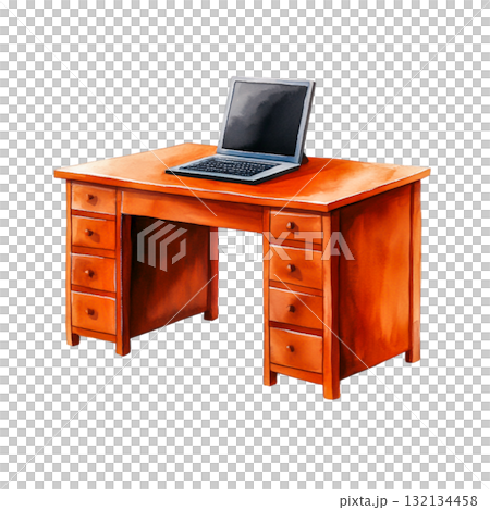 Modern Wooden Desk with Laptop on Top, Perfect for Office or Home Workspace Setup 132134458