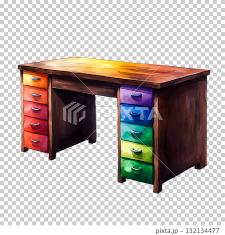 Colorful Wooden Desk with Drawers in Bright Shades of Red, Orange, Yellow, Green, Blue, Purple 132134477