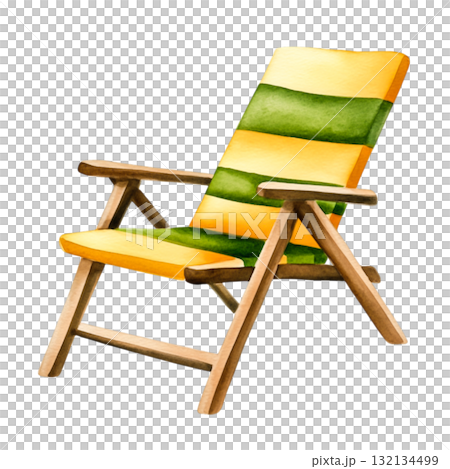 Wooden Deck Chair with Yellow and Green Stripes for Relaxation in Outdoor Spaces 132134499