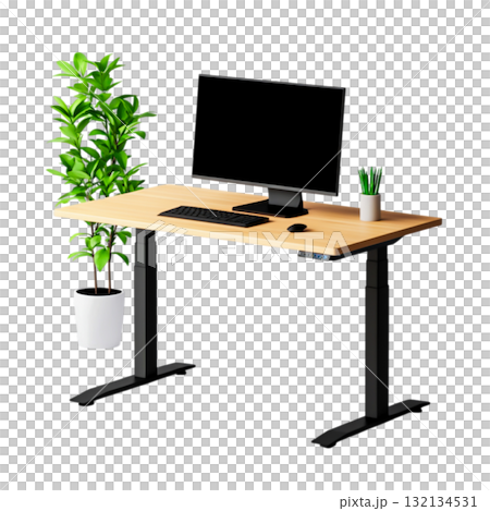 Stylish office desk with computer monitor, keyboard, plant, and modern design elements Stylish office desk with computer monitor, keyboard, plant, and modern design elements 132134531