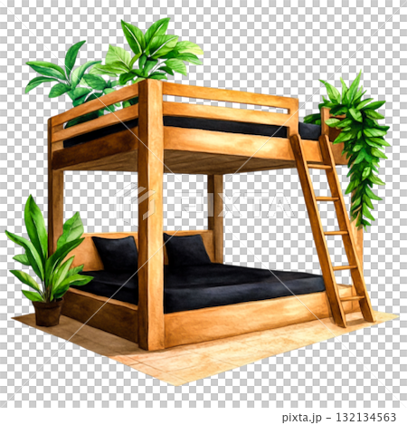 Cozy and Inviting Wooden Bunk Bed Surrounded by Lush Green Plants in a Bright Space 132134563