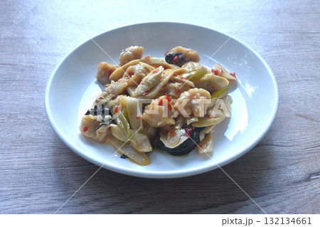 spicy stir fried slice bamboo shoot and fish ball with curry on plate spicy stir fried slice bamboo shoot and fish ball with curry on plate 132134661