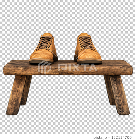 Brown Hiking Boots on Rustic Wooden Bench in Naturally Lit Outdoor Setting 132134700