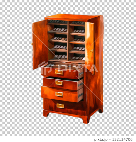 Vintage Wooden Cabinet with Multiple Drawers and Shelves for Storage and Organization Vintage Wooden Cabinet with Multiple Drawers and Shelves for Storage and Organization 132134706