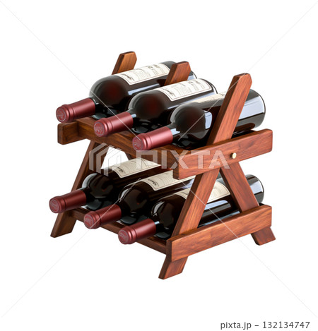 Wooden wine rack displaying several bottles of red wine on a minimalistic design 132134747