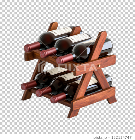 Wooden wine rack displaying several bottles of red wine on a minimalistic design 132134747
