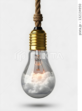 Creative light bulb with clouds inside, hanging from a rope against a white background Creative light bulb with clouds inside, hanging from a rope against a white background 132134950