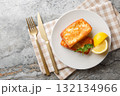 Saganaki authentic Greek cheese appetizer close-up in a plate. Horizontal top view 132134966