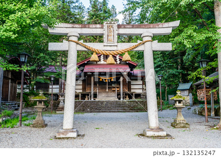 白猿伝説（開湯伝説）の平湯神社　鳥居（平湯温泉の鎮守）　岐阜県高山市奥飛騨温泉郷平湯 132135247