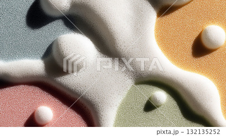 Abstract close-up of colorful liquid surface covered in dense foam bubbles with smooth organic shapes and vibrant hues 132135252