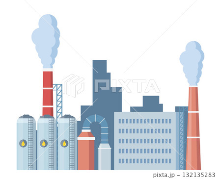 Industrial factory facade. Oil refinery complex with pipes and tanks gas production. Oil refinery plant, oil barrels, pipeline. Vector illustration. 132135283