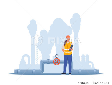 Engineer in workwear and protective helmet inspect petroleum or water pipelines. Valve and pressure gauge on the pipe. Oil, gas or water industry. Vector illustration. 132135284