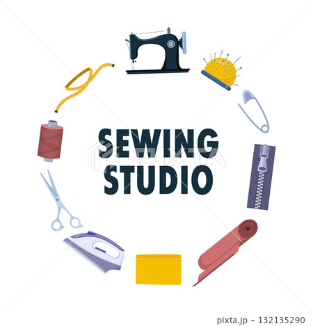 Sewing studio icons. Various sewing tools. Needles, scissors, yarn, sewing machine, buttons, spools, threads. Vector illustration. Sewing studio icons. Various sewing tools. Needles, scissors, yarn, sewing machine, buttons, spools, threads. Vector illustration. 132135290