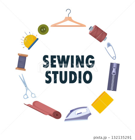 Sewing studio icons. Various sewing tools. Needles, scissors, yarn, sewing machine, buttons, spools, threads. Vector illustration. Sewing studio icons. Various sewing tools. Needles, scissors, yarn, sewing machine, buttons, spools, threads. Vector illustration. 132135291