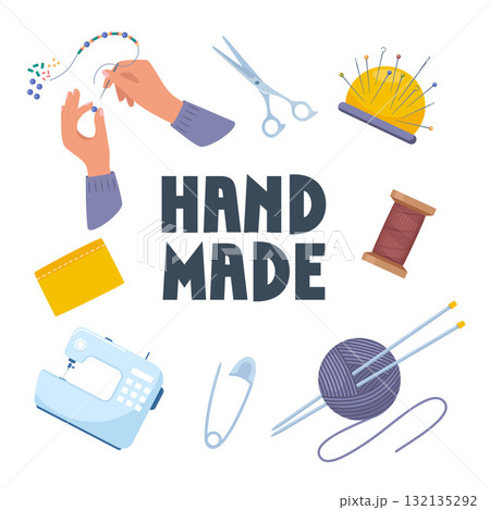 Handmade, crafts workshop, art fair and festival poster. Knitting, yarn, hand made supplies. Hand made sewing icons. Vector illustration. 132135292