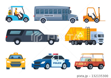 Vehicles, set. Car, truck, tractor, ship, train, plane, hearse, police car, prison transport. Vector illustration in flat style. 132135300