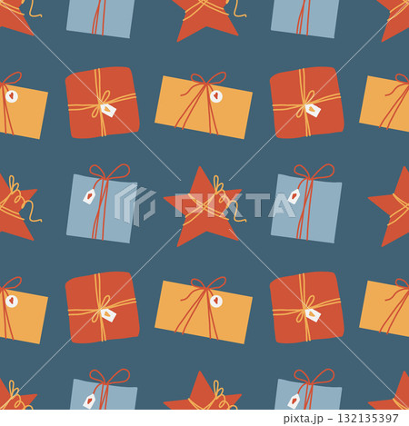 Multicolored gift boxes, vector seamless pattern. Background with gift boxes for Christmas, birthdays, and other holidays. Vector flat illustration for wrapping paper and textiles. Simple multicolored Multicolored gift boxes, vector seamless pattern. Background with gift boxes for Christmas, birthdays, and other holidays. Vector flat illustration for wrapping paper and textiles. Simple multicolored 132135397
