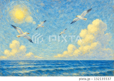 青空 海 カモメ 入道雲 油彩画 青空 海 カモメ 入道雲 油彩画 132135537