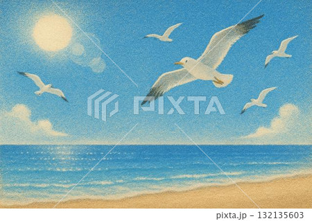 青空 海 カモメ 入道雲 砂絵調 青空 海 カモメ 入道雲 砂絵調 132135603