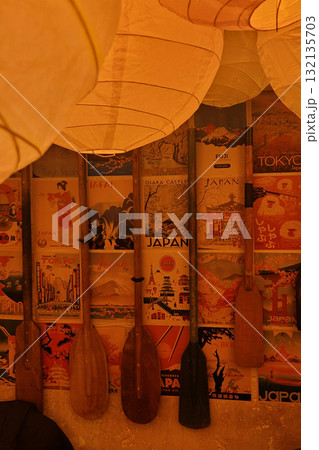Japanese cafe with paper lanterns and decor 132135703