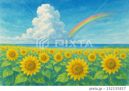 ひまわり畑　青空　入道雲　海　虹　水彩画 132135857