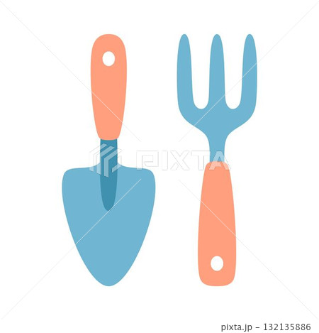 shovel and rake for gardening 132135886