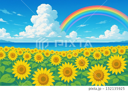 ひまわり畑　青空　入道雲　海　虹　アニメ調 132135925