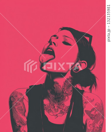 Stylized illustration of a tattooed woman sticking out her tongue on pink background Stylized illustration of a tattooed woman sticking out her tongue on pink background 132135981