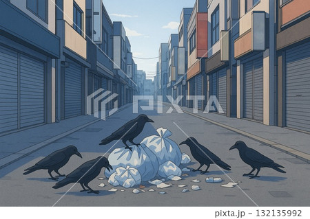 早朝　街の風景　繁華街　ゴミを漁るカラス　アニメ調 132135992