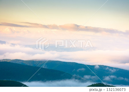 spring mountain landscape of ukraine with fog in valley and clouds on blue sky in morning light. dramatic atmosphere phenomenon view from the top. evaporating forest on the hills of carpathians 132136073