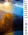 mountain landscape on autumn equinox. day and night time change concept. colorful forest on hills with sun and moon. beautiful view of carpathian rural valley in fall season. scenic place 132136077