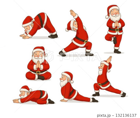 A cheerful cartoon Santa Claus performing different yoga poses on a white background A cheerful cartoon Santa Claus performing different yoga poses on a white background 132136137
