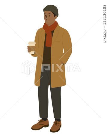 テイクアウトしたコーヒーを持った男性のイラスト テイクアウトしたコーヒーを持った男性のイラスト 132136188